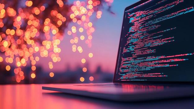 laptop displays running code cybersecurity is important blurred lights in background give awareness of digital security information technology showing programming concept data safety photo